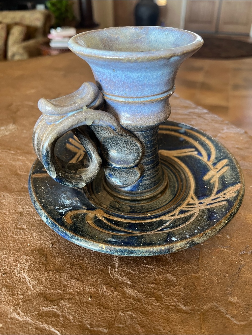 Pottery Blue Tapered Candle Holder.
